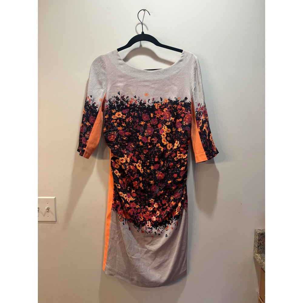 Tracy Reese‎ Silk Blend Ruched Floral Print Dress Orange Gray 3/4 Sleeve Size 8
